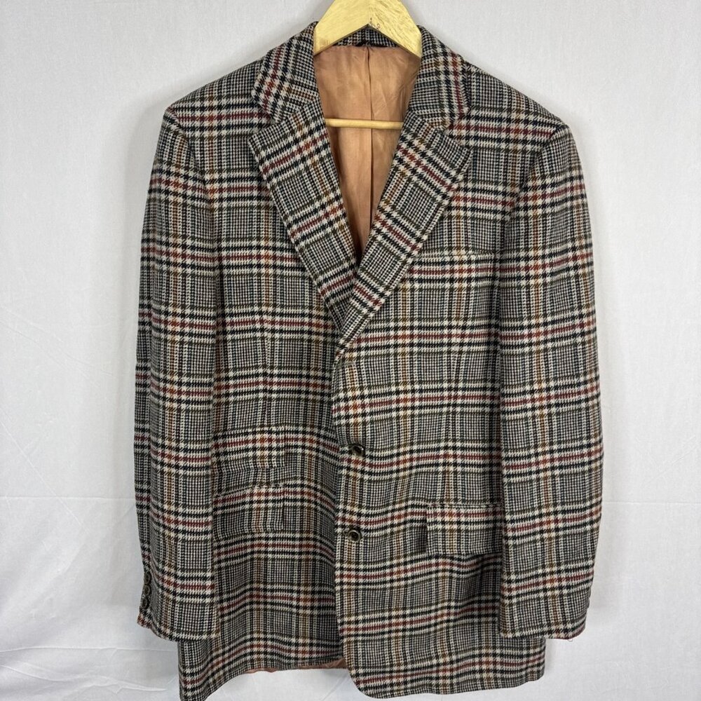 Vintage 70s Men 42 Wool Tweed Blazer‎ Sports Coat Brown Plaid Retro Mod